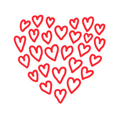 Heart shape made from bold line red hearts doodles. Line hand drawn illustration.