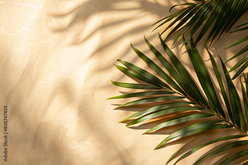 Poster abstract background with a palm leaf shadow on a beige paper texture, summer template for product pr