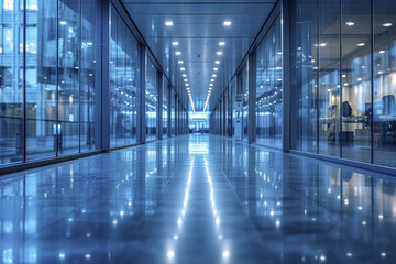 Modern office corridor with glass walls and blue lighting