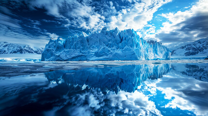 Fototapeta premium Stunning Blue Glacier Reflected in Calm Arctic Waters with Majestic Snow-Capped Mountains and Dramatic Sky