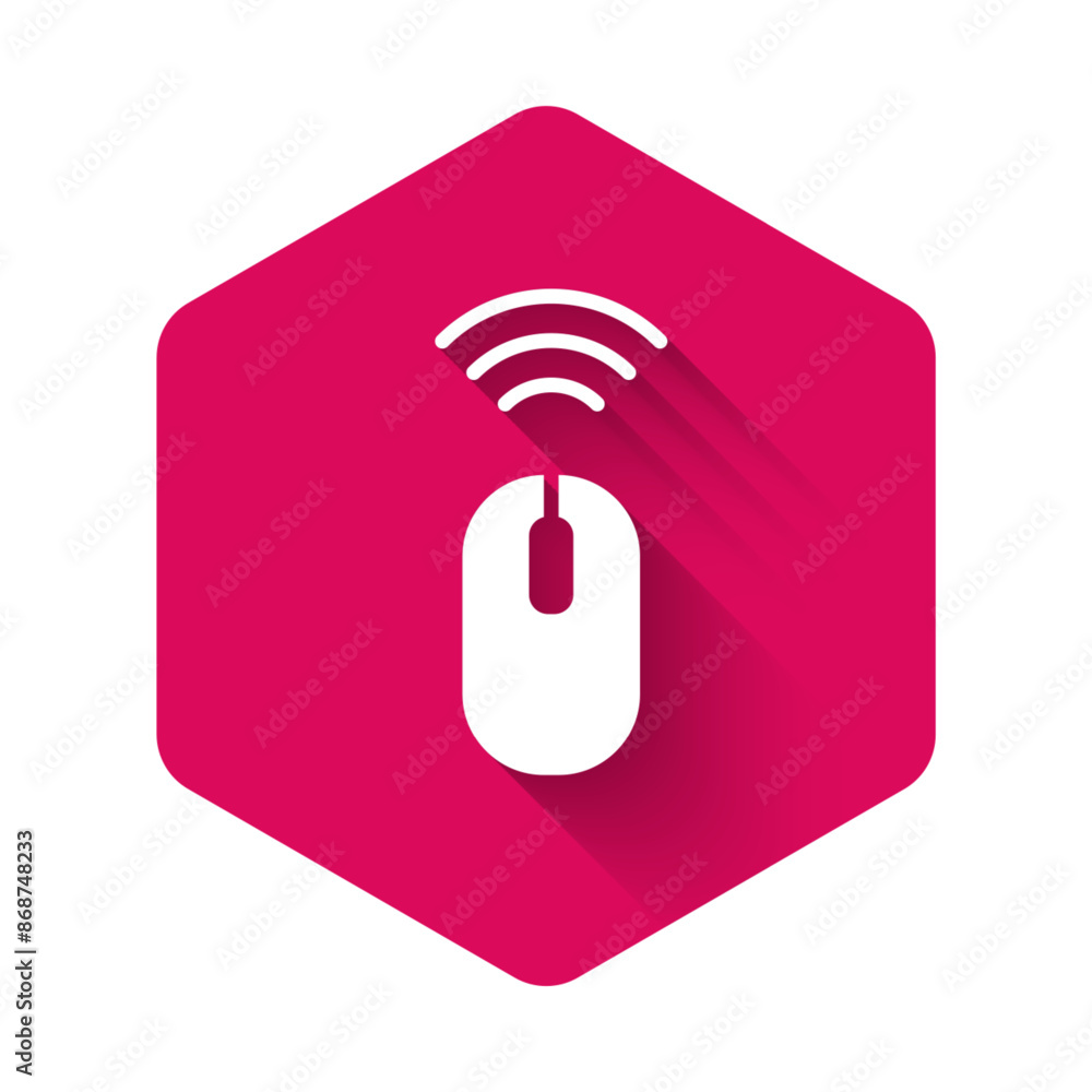 Poster white wireless computer mouse system icon isolated with long shadow. internet of things concept with