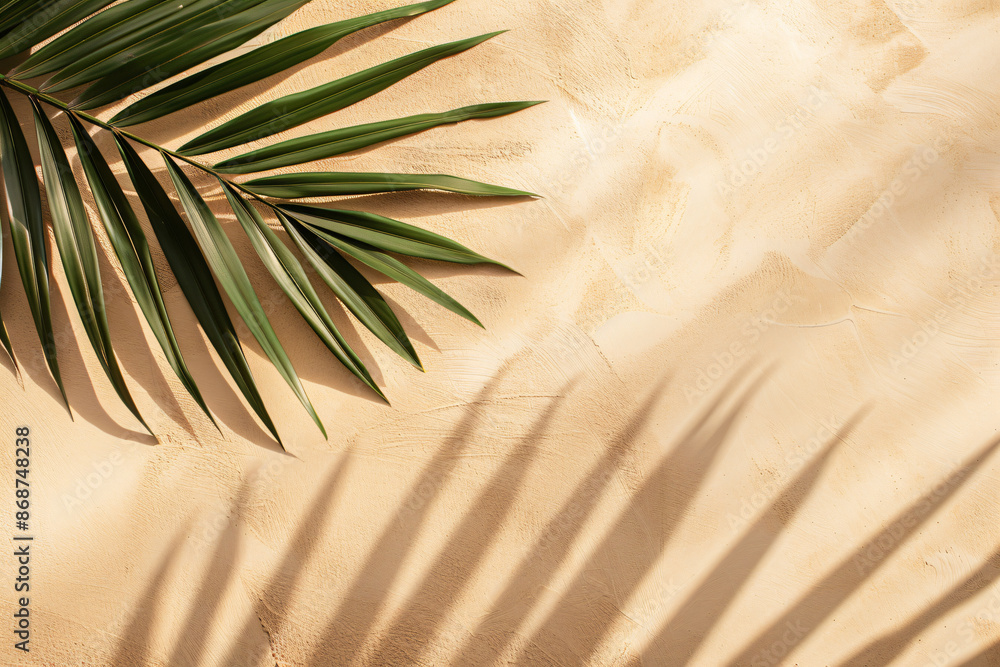 Poster abstract background with a palm leaf shadow on a beige paper texture, summer template for product pr