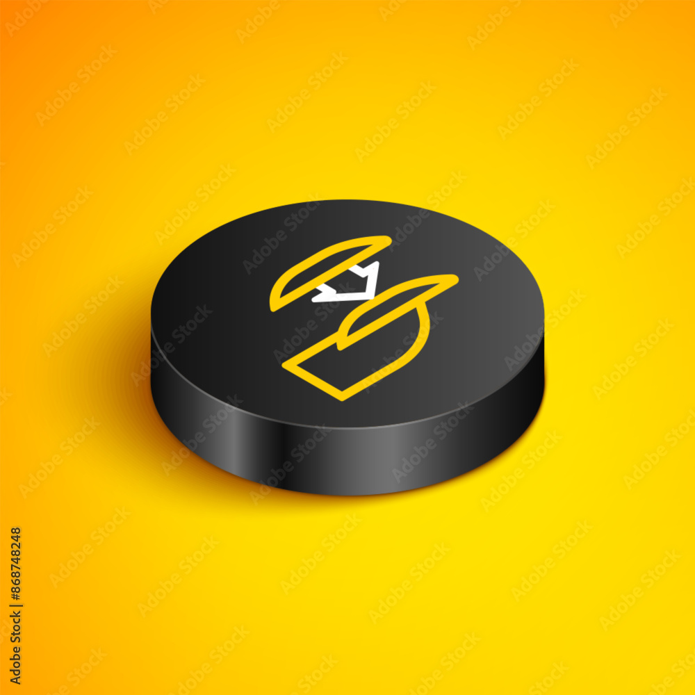 Poster isometric line set of false nails for manicure icon isolated on yellow background. varnish color pal