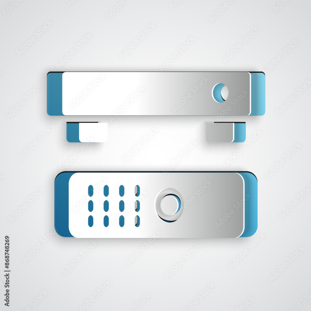 Poster paper cut multimedia and tv box receiver and player with remote controller icon isolated on grey bac