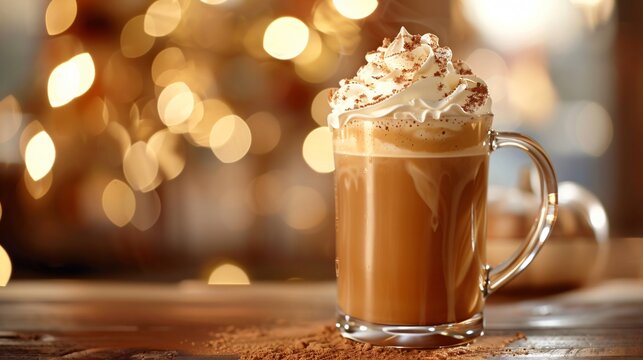 A delicious-looking pumpkin spice latte in a clear glass mug, topped with whipped cream and a sprinkle of cinnamon, set against a cozy caf&eacute; backdrop