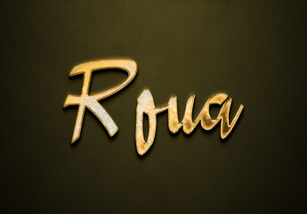Old gold text effect of Arabic name Roua with 3D glossy style Mockup.