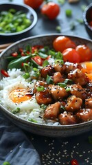 Teriyaki Chicken Rice Bowl with Sesame Seeds and Green Onions