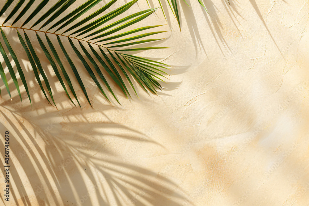 Poster 
Abstract background with a palm leaf shadow on a beige paper texture, summer template for product presentation. Flat lay. Concept for copy space. 