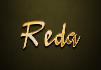 Old gold text effect of Arabic name Reda with 3D glossy style Mockup.