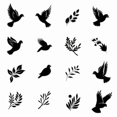 Obraz premium Peace dove graffiti, pigeons, twigs ink illustration. Flying birds silhouettes monochrome flat icons
