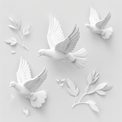 Obraz premium Peace dove icon, pigeons, twigs 3d realistic collection. Flying birds silhouettes on white