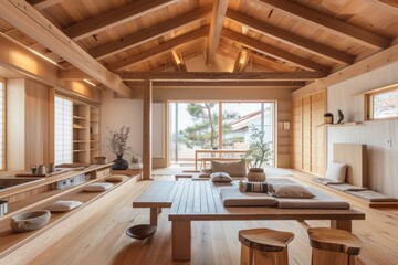 Modern Japanese Living Room with Wooden Beams and Natural Light