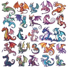 Fototapeta premium Funny dragons doodle set, cartoon dino, graphic dinosaurs isolated, monster animals