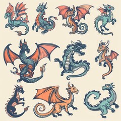 Fototapeta premium Funny dragons doodle set, cartoon dino, graphic dinosaurs isolated, monster animals
