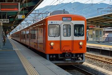 A train is approaching a station in Japan