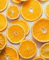   Orange stack with cut fruit on white table