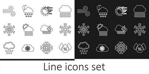 Set line Water drop percentage, Snowflake, Fog and sun, cloud with, Wind, Cloud rain lightning and snow moon icon. Vector
