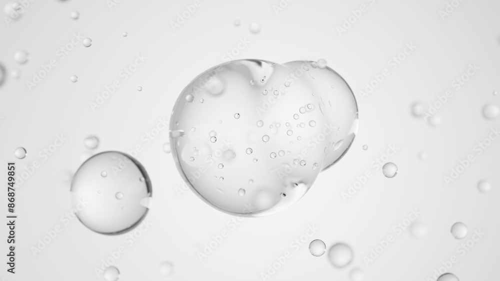 Poster macro of three drops of transparent liquid merge into one with bubbles inside on white backdrop. ski