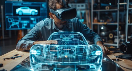Man using AR headset to visualize a holographic car design in a modern workshop