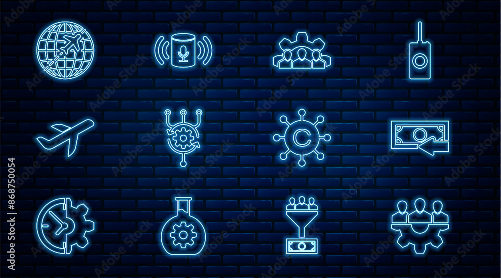 Poster set line project team base, cash back, algorithm, plane, globe with flying plane, copywriting networ
