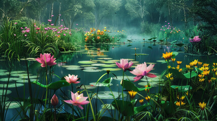 Realistic colorful Illustration of a Lush Wetland with Tall Green Grasses and Tranquil Pond