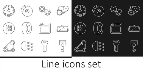 Set line Engine piston, Car mirror, Gear, tire, shifter, Speedometer, Canister for motor oil and brake disk with caliper icon. Vector