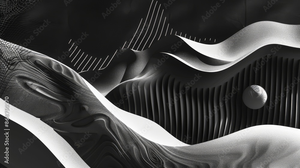 Sticker Abstract Black and White 3D Render with Sphere