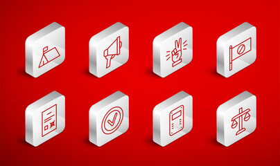 Fototapeta premium Set line Scales of justice, Megaphone, Hand showing two finger, Protest, Police assault shield, camp, Check mark round and Poll document icon. Vector