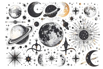 Celestial Themed Zodiac Sticker Design with Cosmic Elements on White Background