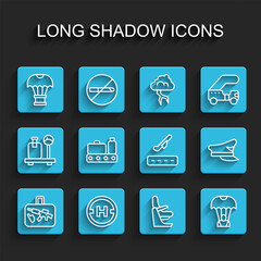 Set line Suitcase, Helicopter landing pad, Box flying on parachute, Airplane seat, Parachute, Conveyor belt with suitcase, Pilot hat and Plane takeoff icon. Vector