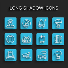 Set line Metal detector in airport, Pilot hat, Passenger ladder, Box flying on parachute, Aircraft steering helm, Parachute and Suitcase icon. Vector