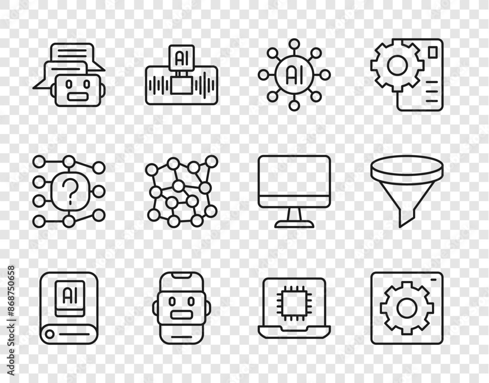 Poster Set line Artificial intelligence AI, Computer api interface, Neural network, Chat bot, Processor CPU and Funnel filter icon. Vector