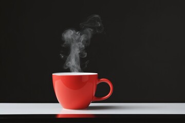 red cup of hot coffee on white countertop with black background