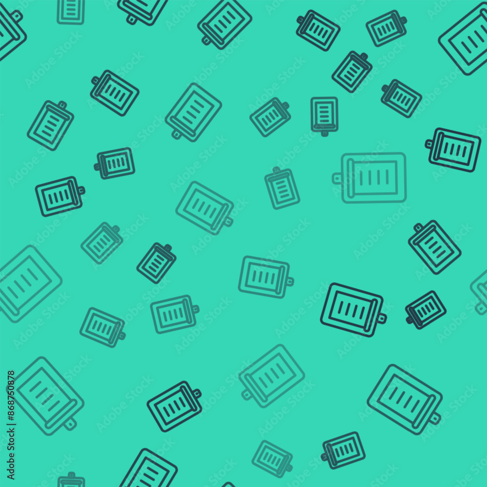 Poster black line clipboard with checklist icon isolated seamless pattern on green background. control list