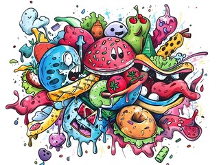 Silly abstract food items having a food fight suitable for sticker design on white background