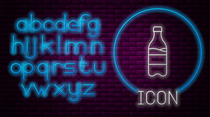 Glowing neon line Sport bottle with water icon isolated on brick wall background. Neon light alphabet. Vector