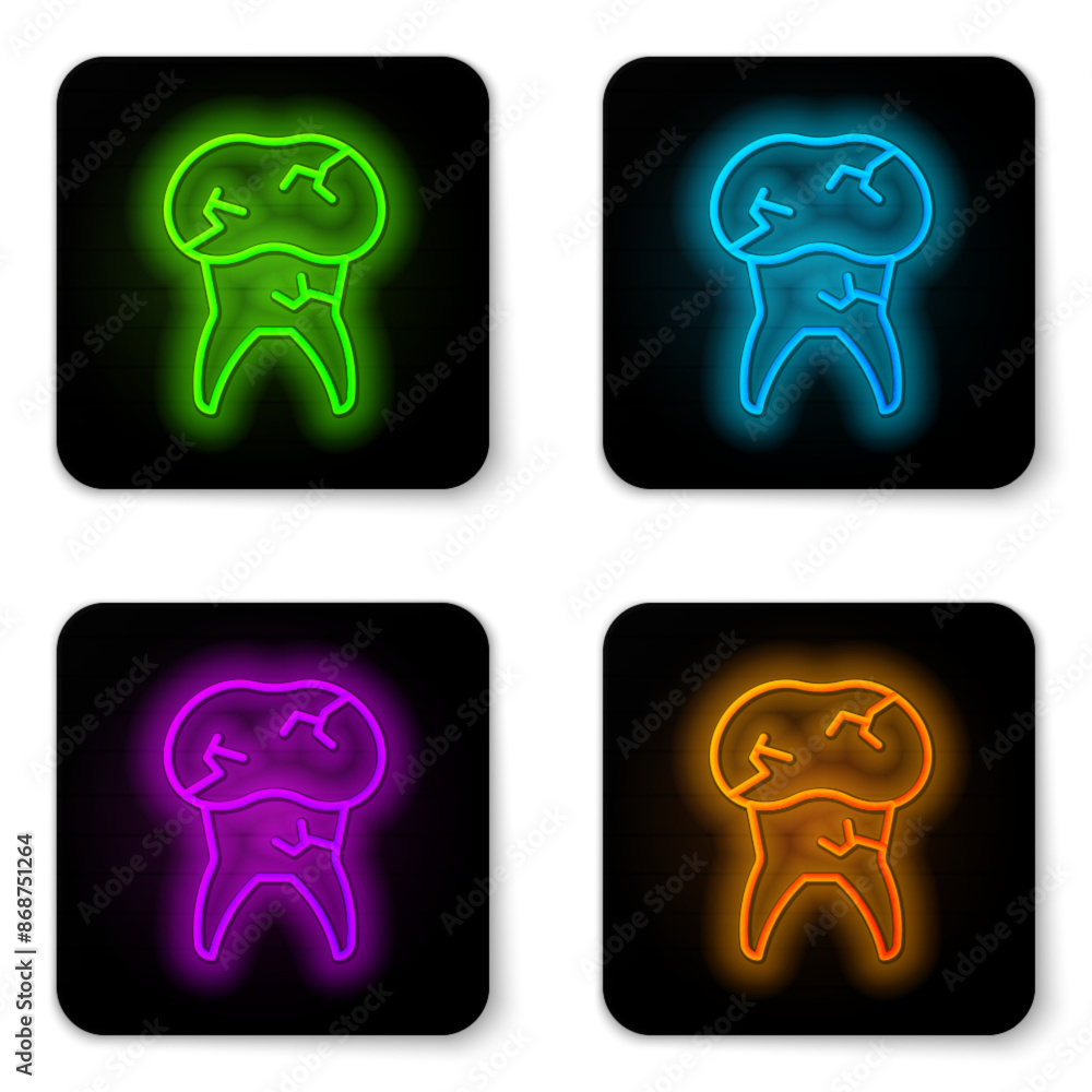 Poster glowing neon line tooth with caries icon isolated on white background. tooth decay. black square but