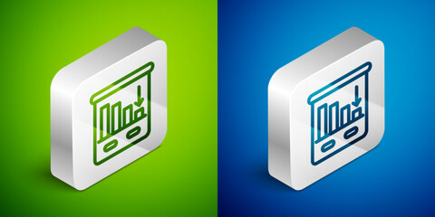 Isometric line Pie chart infographic icon isolated on green and blue background. Diagram chart sign. World finance crisis. Silver square button. Vector
