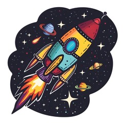 Whimsical Rocket Ship in Space for Shirt Design and Graphics