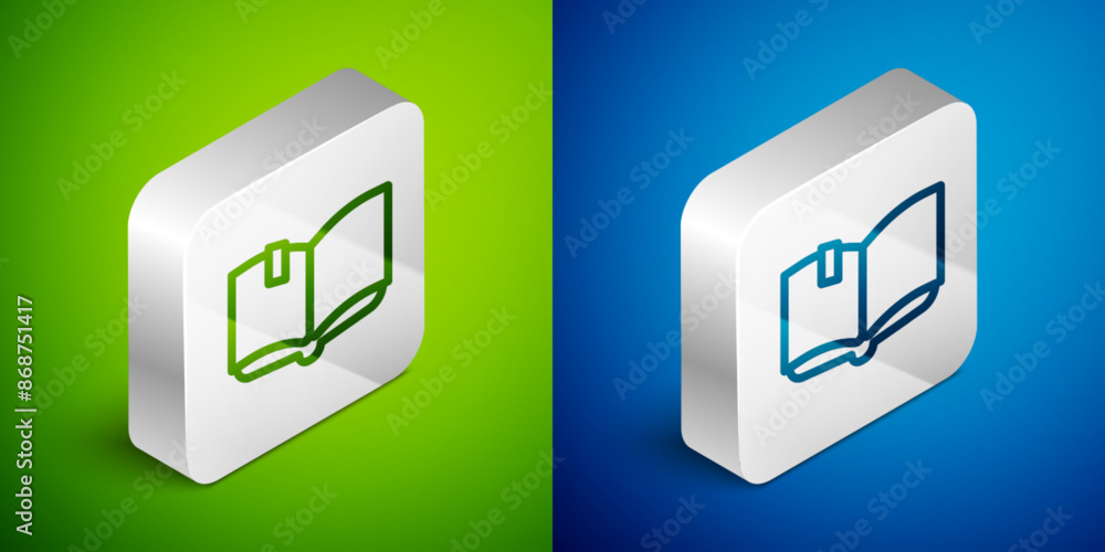 Poster isometric line open book icon isolated on green and blue background. silver square button. vector