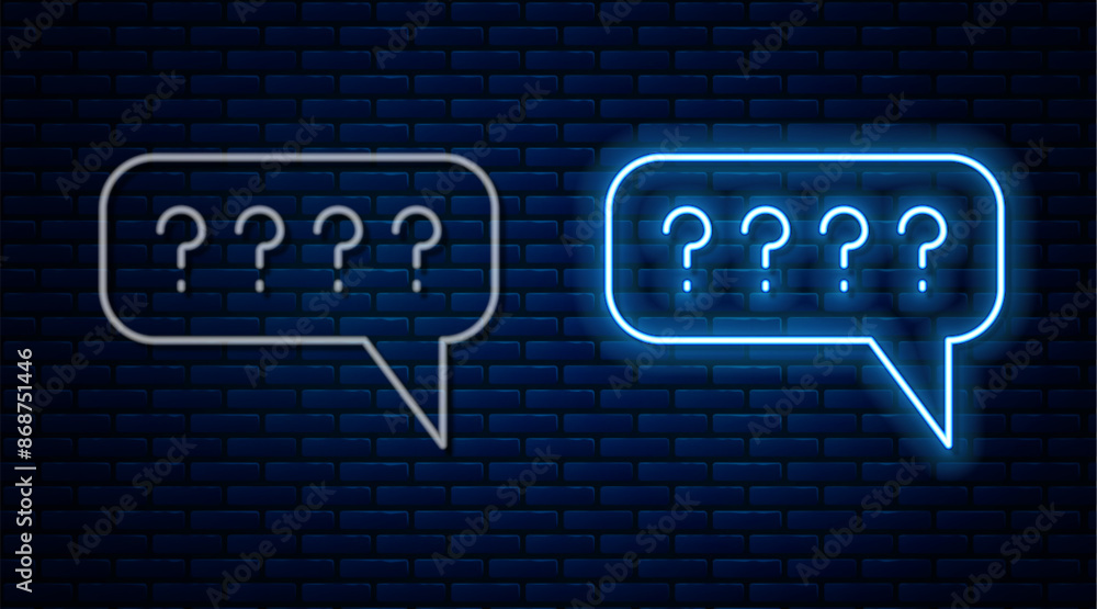 Poster glowing neon line speech bubbles with question icon isolated on brick wall background. faq sign. cha