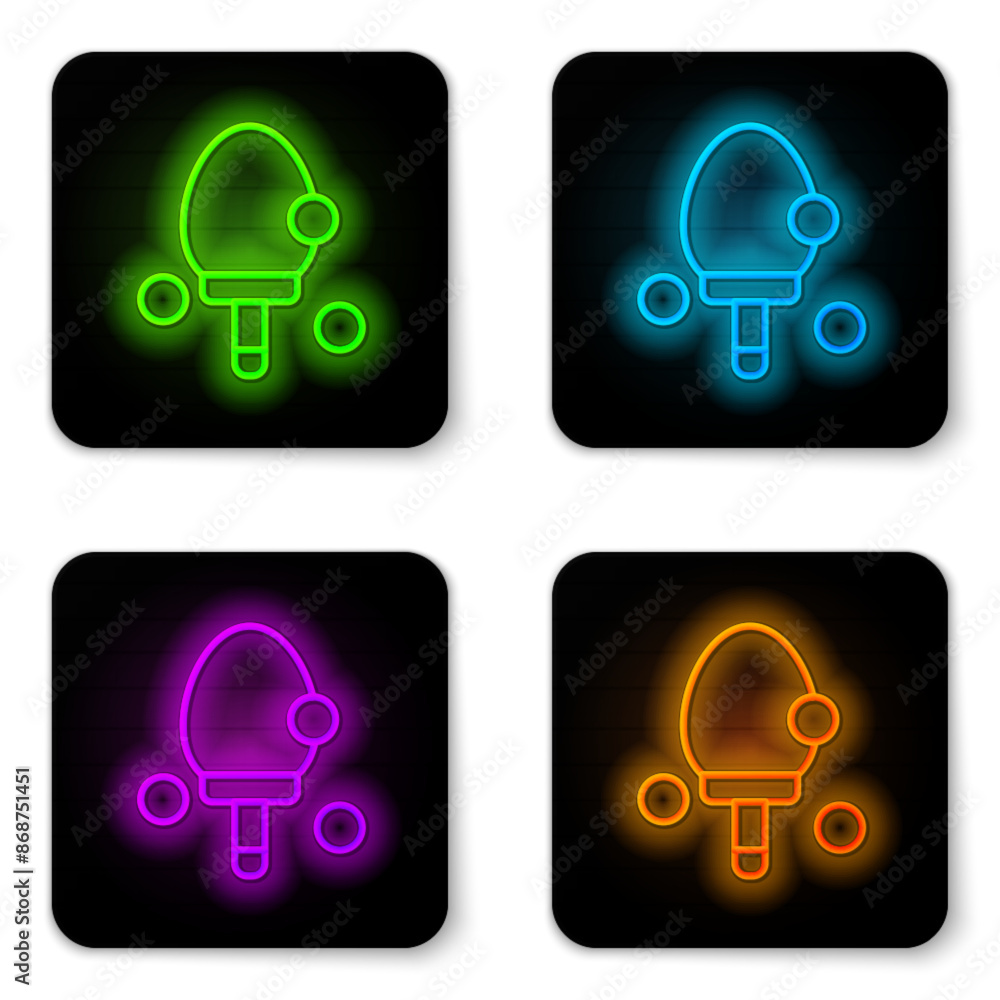 Poster glowing neon line racket for playing table tennis icon isolated on white background. black square bu