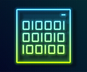 Glowing neon line Binary code icon isolated on black background. Vector