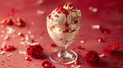 Pomegranate ice cream with chestnut flowers in a zombie glass scarlet background