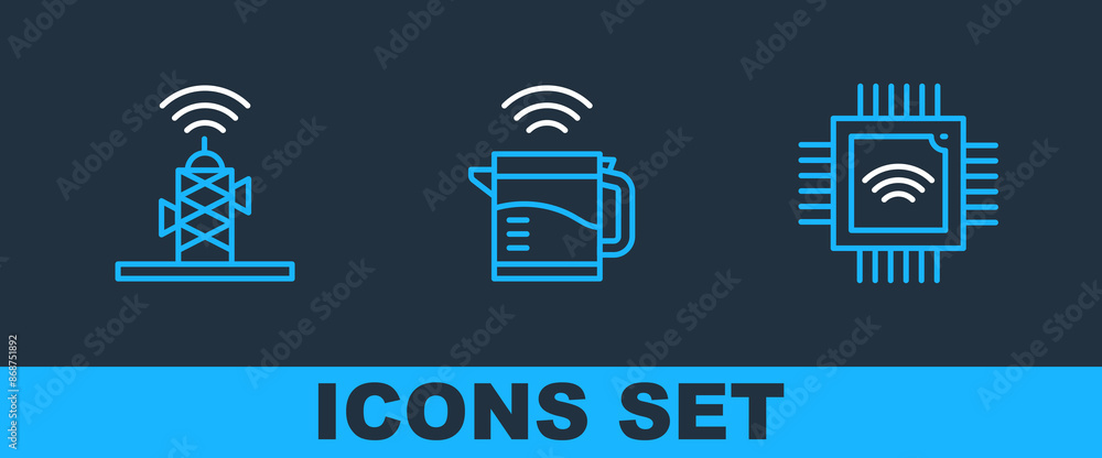 Poster set line processor with microcircuits cpu, wireless antenna and smart electric kettle icon. vector