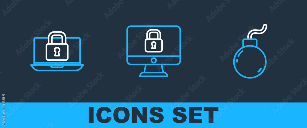Poster set line bomb ready to explode, laptop and lock and lock on computer monitor icon. vector