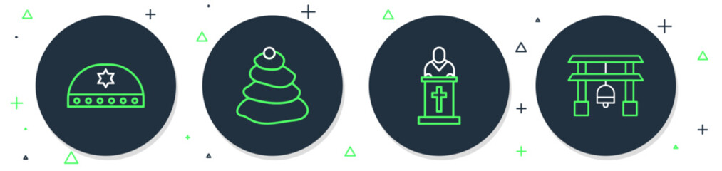 Set line Stack hot stones, Church pastor preaching, Jewish kippah with star of david and Japan Gate icon. Vector