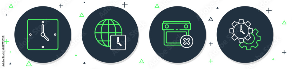 Poster set line world time, calendar date delete, clock and time management icon. vector
