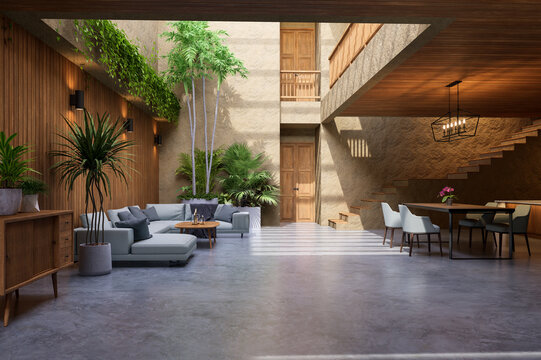 Modern contemporary loft style rustic room interior 3d render there are concrete floor clay wall decorated with nature plant sunlight entering the room from above