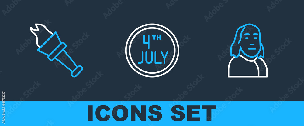 Poster set line benjamin franklin, torch flame and calendar with date july 4 icon. vector